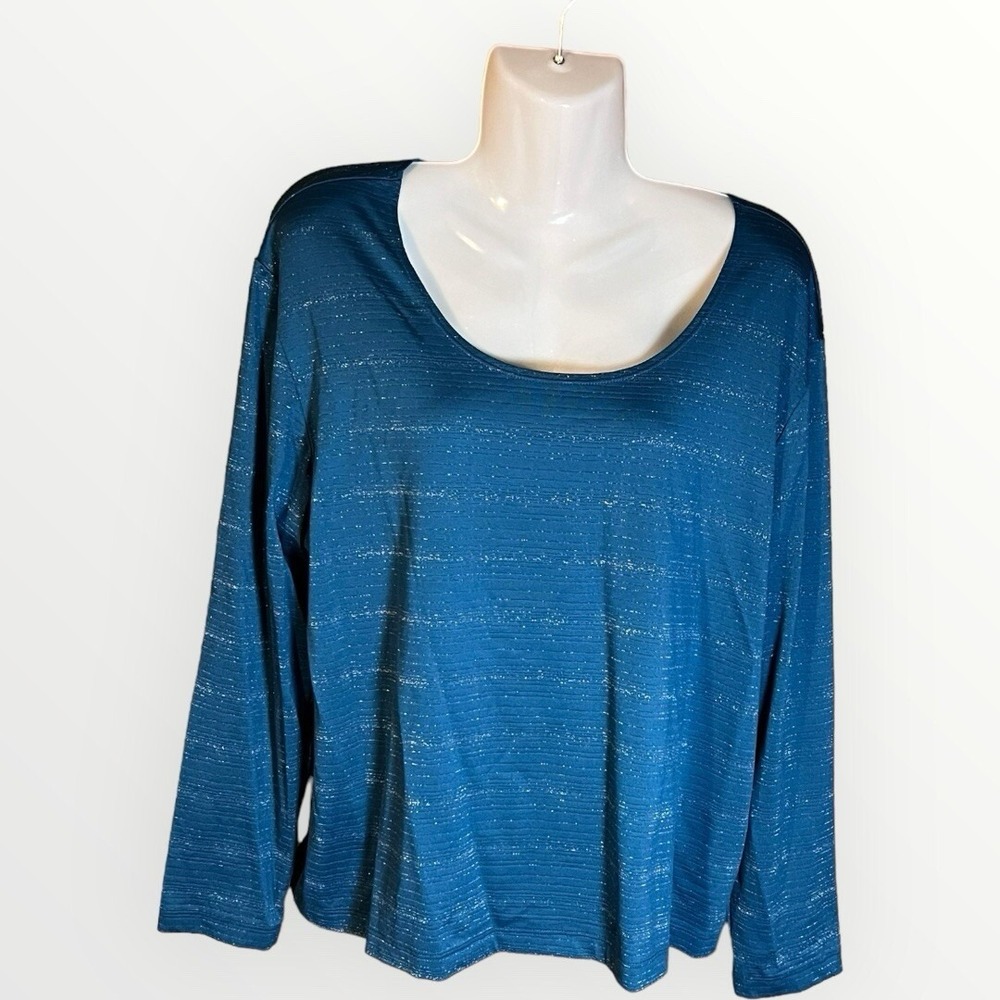 Chicos Sparkle top Teal Blue knit metallic stripes Sz 3 Or XL Pullover Sparkle - Picture 2 of 11